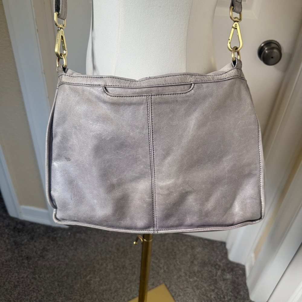 HOBO Leather Crossbody Bag Gray Foldover Slouch Shoulder Purse - Picture 7 of 12